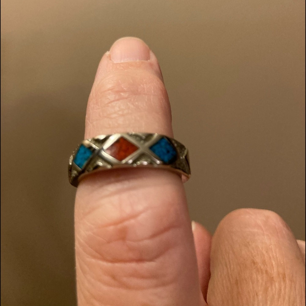 Silver Ring with Turquoise and Coral Inlays